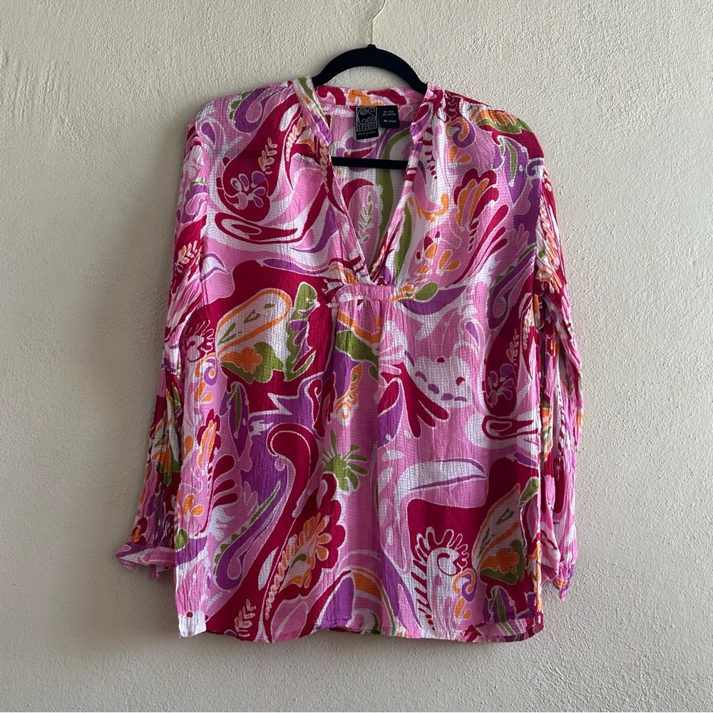 Casual Studio Silk Blend Long Sleeve Lightweight Floral Blouse Garden Fairy Boho